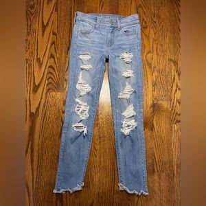 AE light wash ripped jeans / spring + summer jeans / denim, extra stretchy jeans